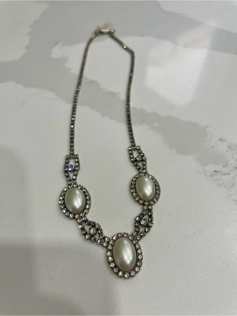 Vintage Mid-Century Faux Pearl and Crystal Necklace